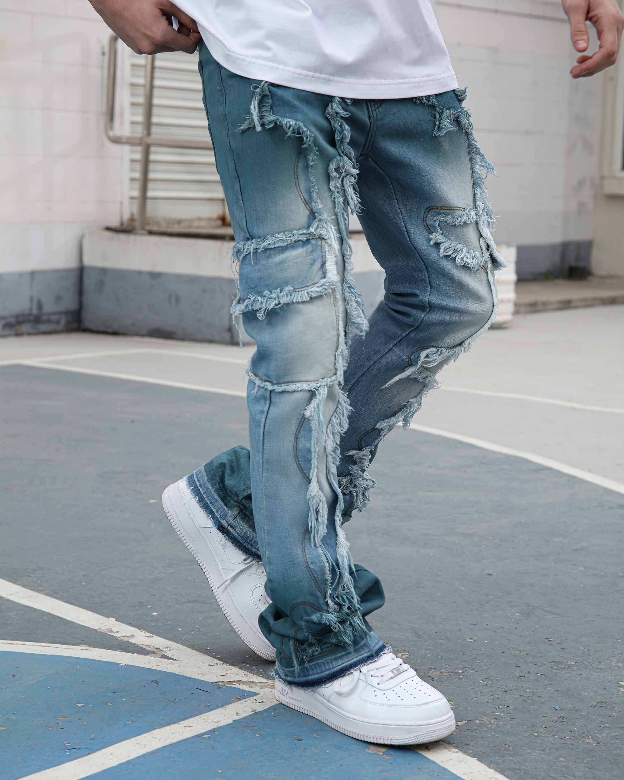 Men's Stacked Jeans | Distressed, Patched & Slight Flare | LOGEQI