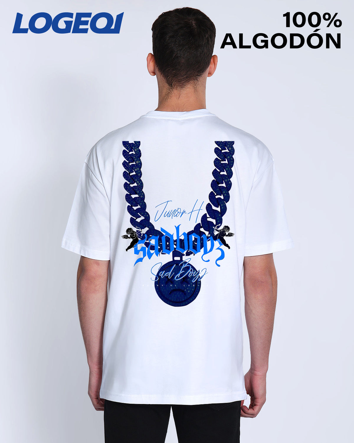 LOGEQI Men’s 100% Cotton Graphic T-Shirt – Junior H SadBoy Chain Print Streetwear Tee