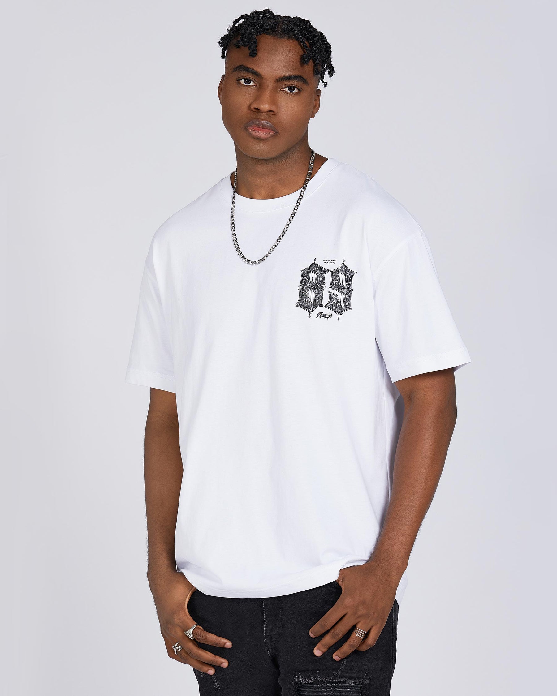 White Gothic-Style 89 Number & Letter Graphic T-Shirts