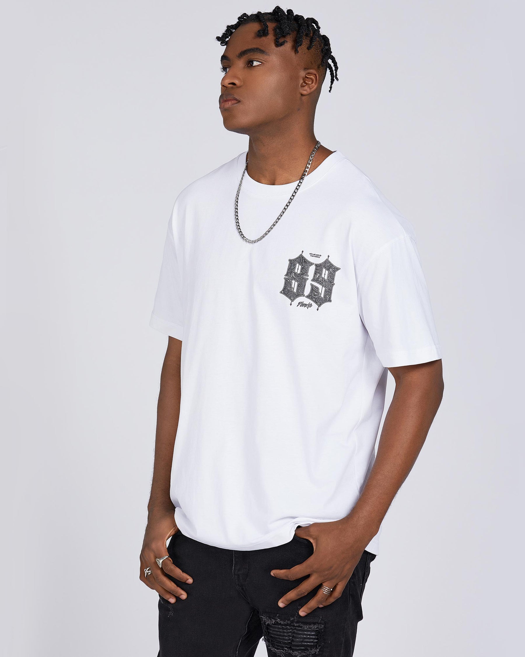 White Gothic-Style 89 Number & Letter Graphic T-Shirts