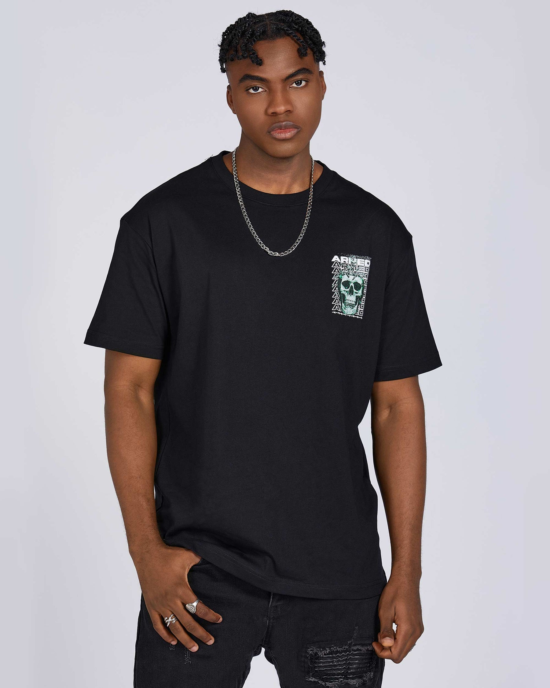 T-Shirts with Green Skull Graphic, Repeated "ARMED" Letters, and Bullet