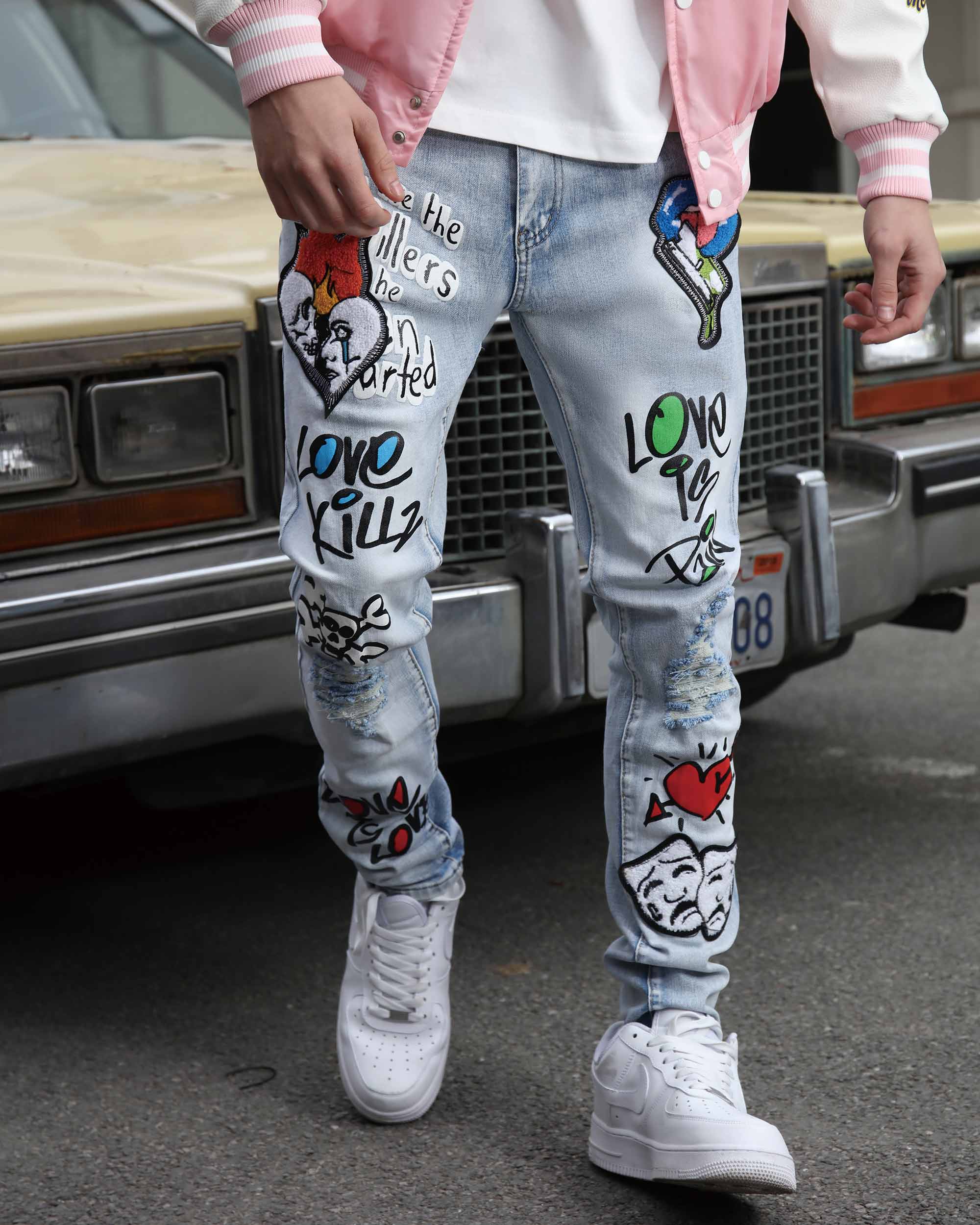 Shop Men's Blue Graffiti Painted Ripped Jeans | LOGEQI