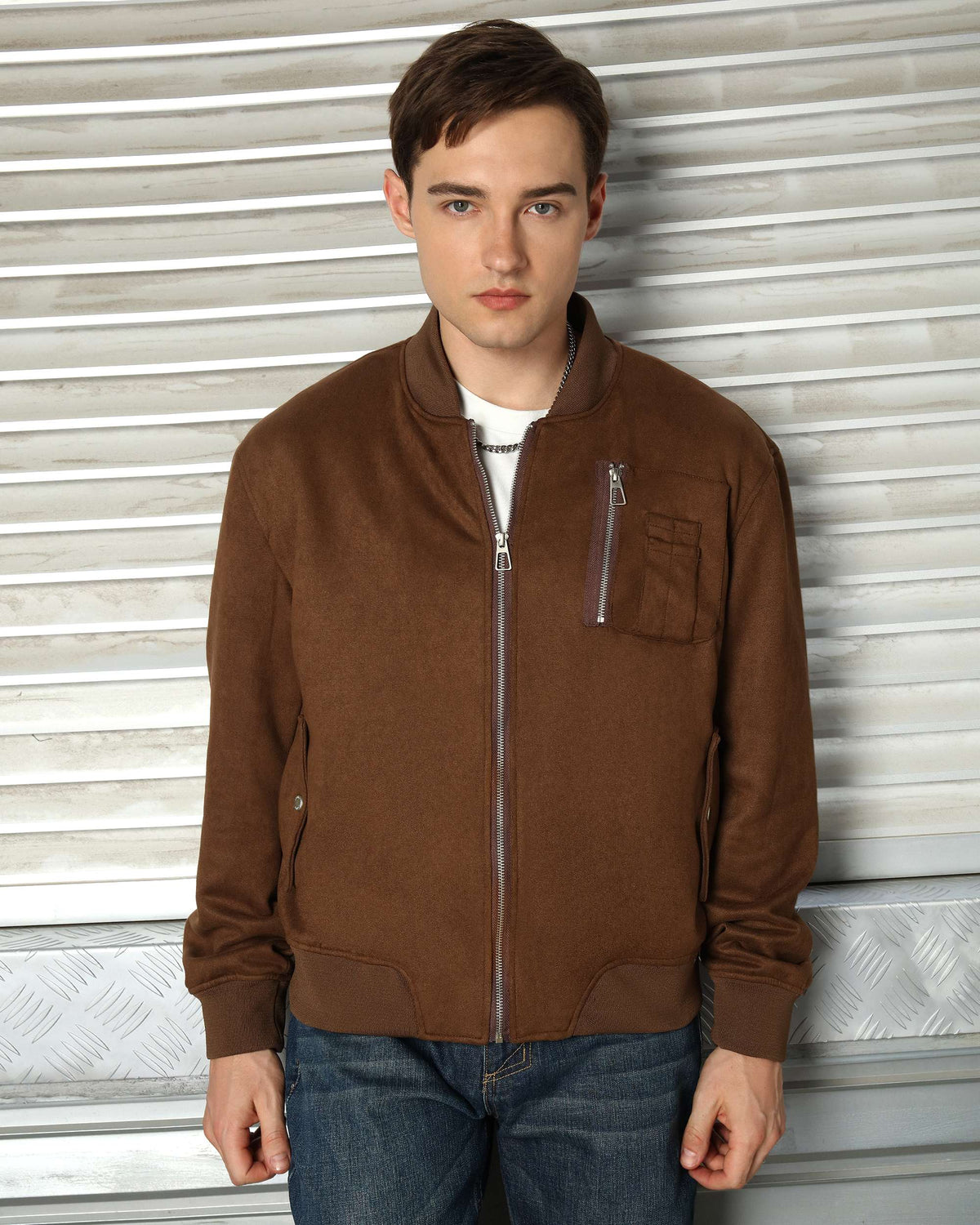 Chaqueta bomber clásica con cremallera frontal LOGEQI para hombre en gris/caqui/café