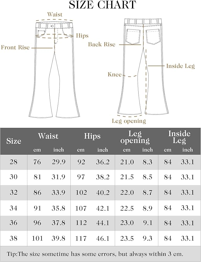 The size chart of LOGEQI men's Vintage Blue Stacked Patch Flare Jeans