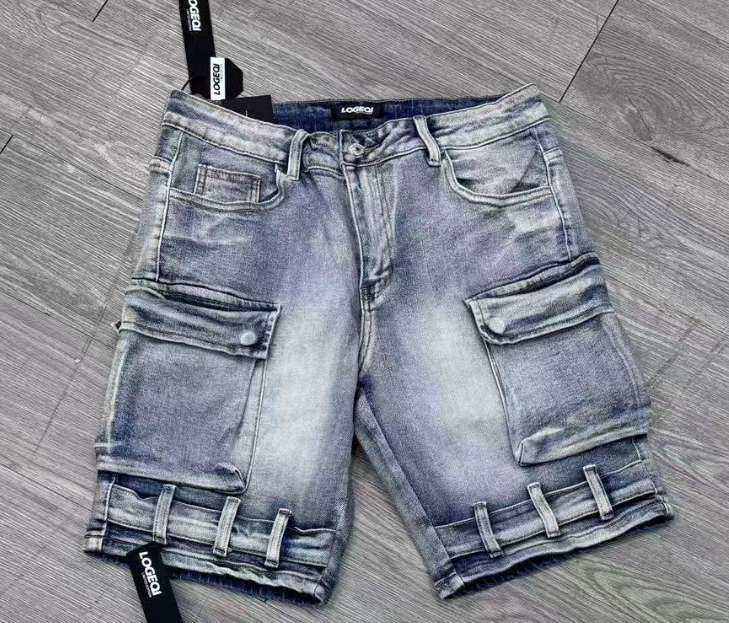 LOGEQI Men's Blue Washed Denim Cargo Shorts with Pockets