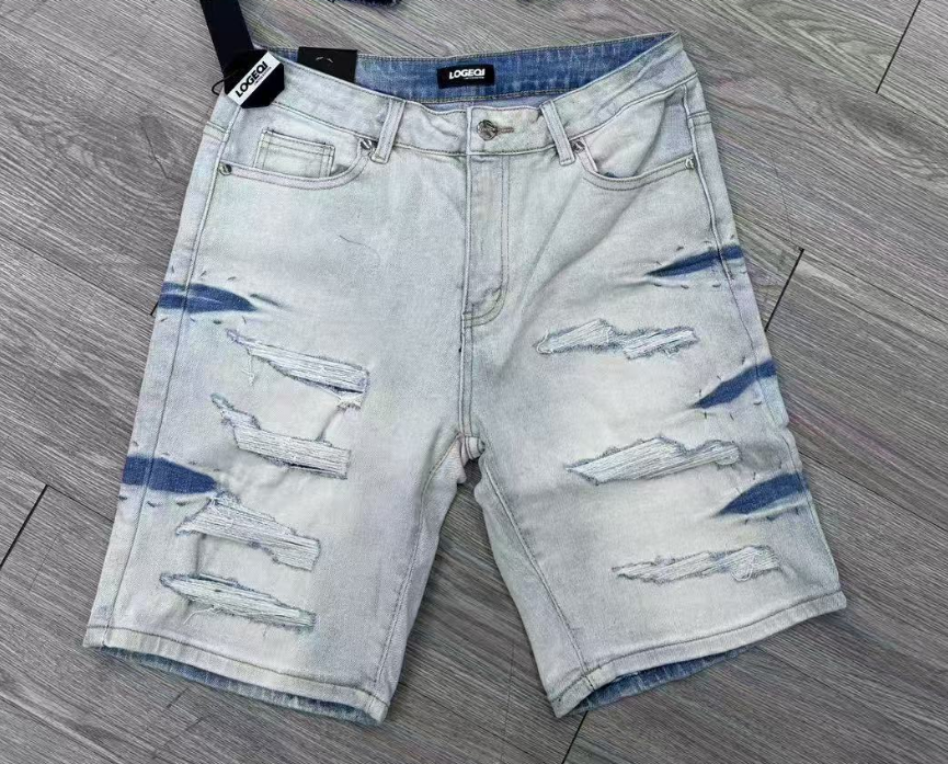 LOGEQI Faded Blue Distressed Baggy Denim Shorts