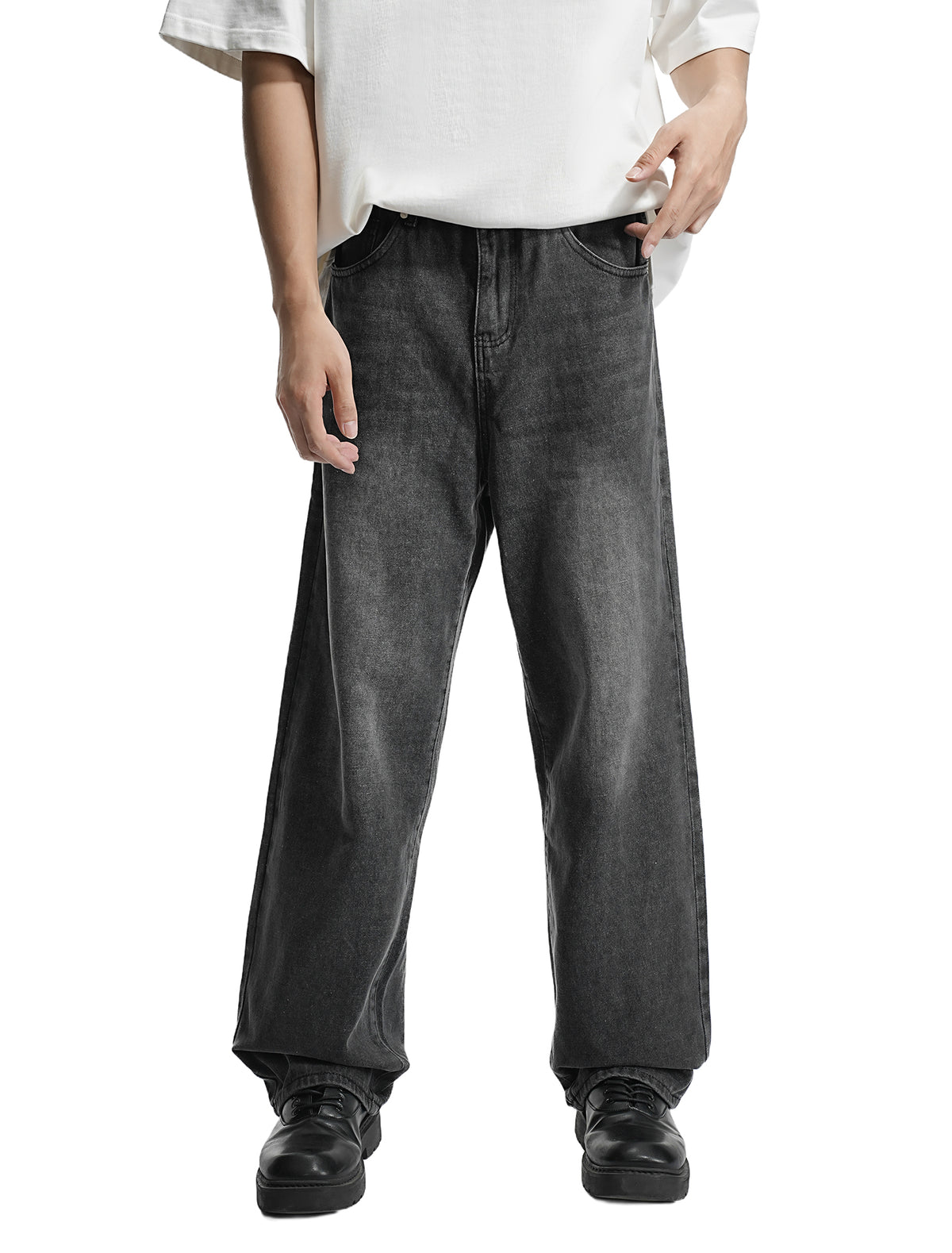 LOGEQI Men’s Washed Black Loose Fit Jeans – Wide Leg Street Style Denim