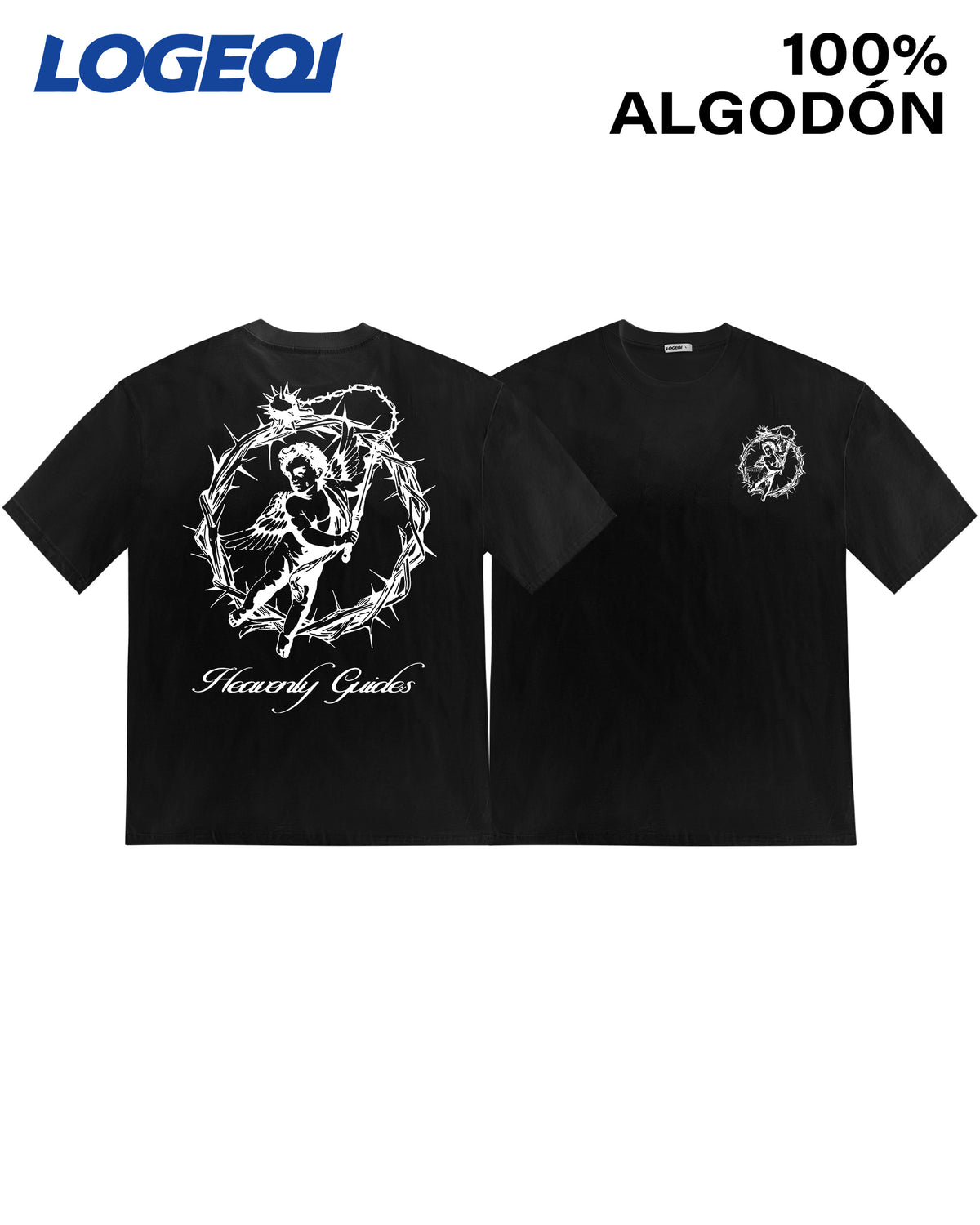 LOGEQI Men’s “Heavenly Guides” Angel Graphic Tee – Oversized 100% Cotton Streetwear T-Shirt