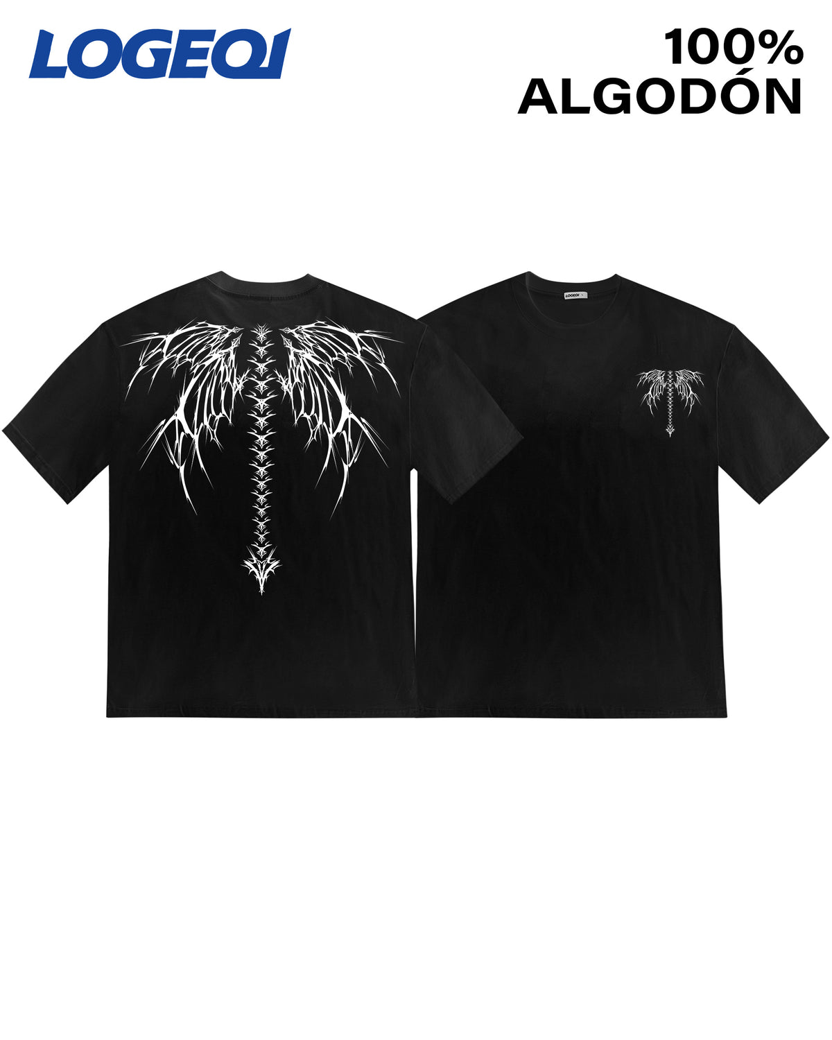 LOGEQI Men's Black Skeletal Wing Spine Graphic Tee