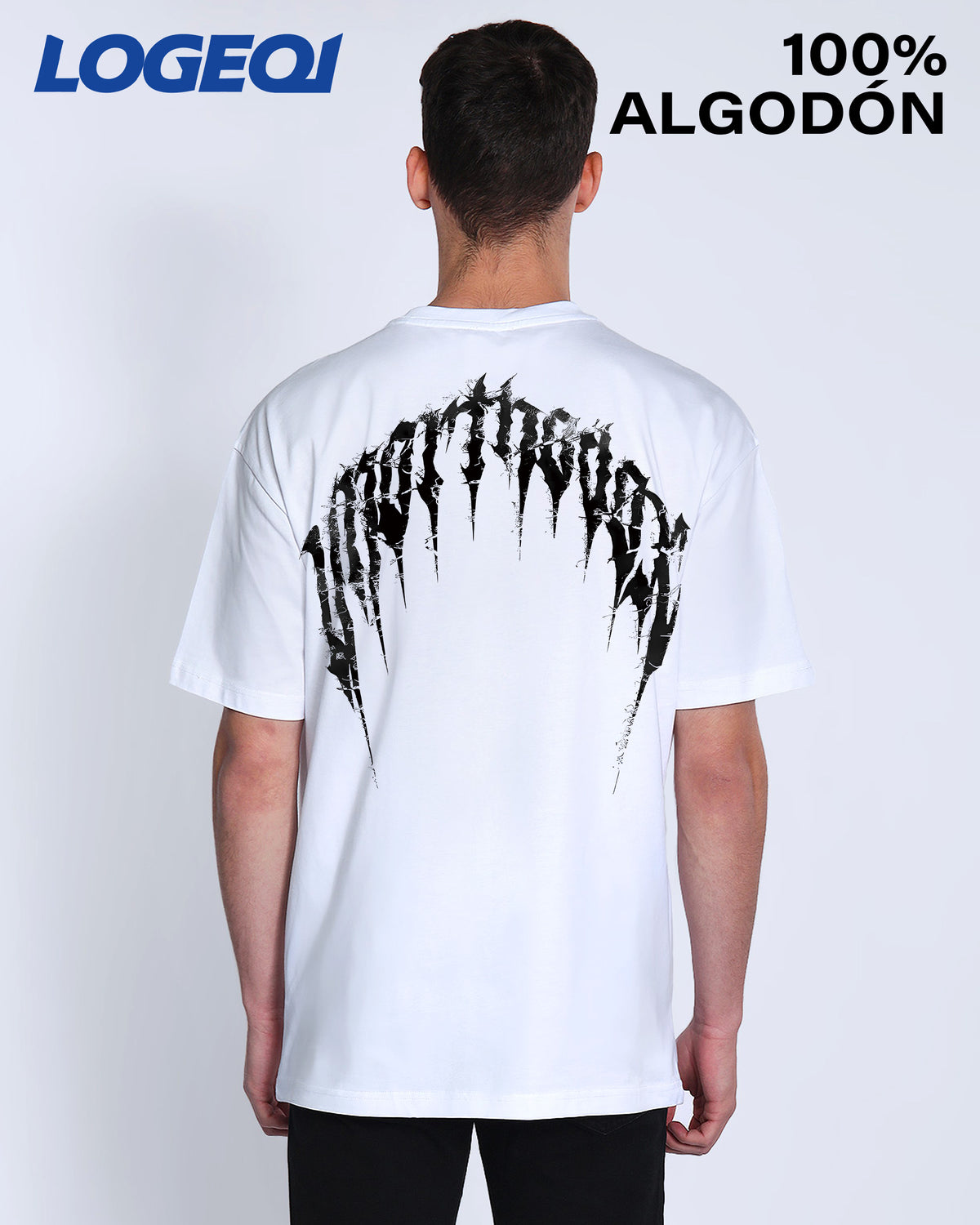 LOGEQI White Men's Tee with Black Metal-Inspired Arch Prints