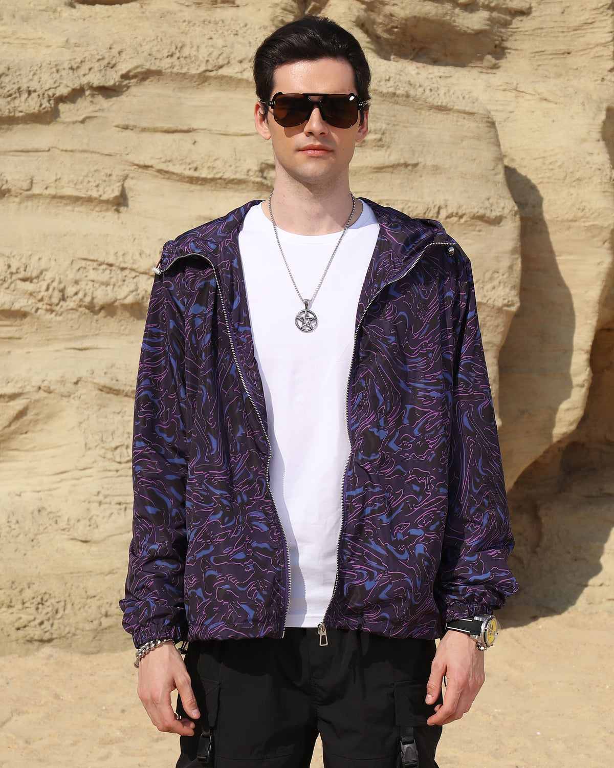 Chaqueta cortavientos con estampado de mármol para hombre de Logeqi®