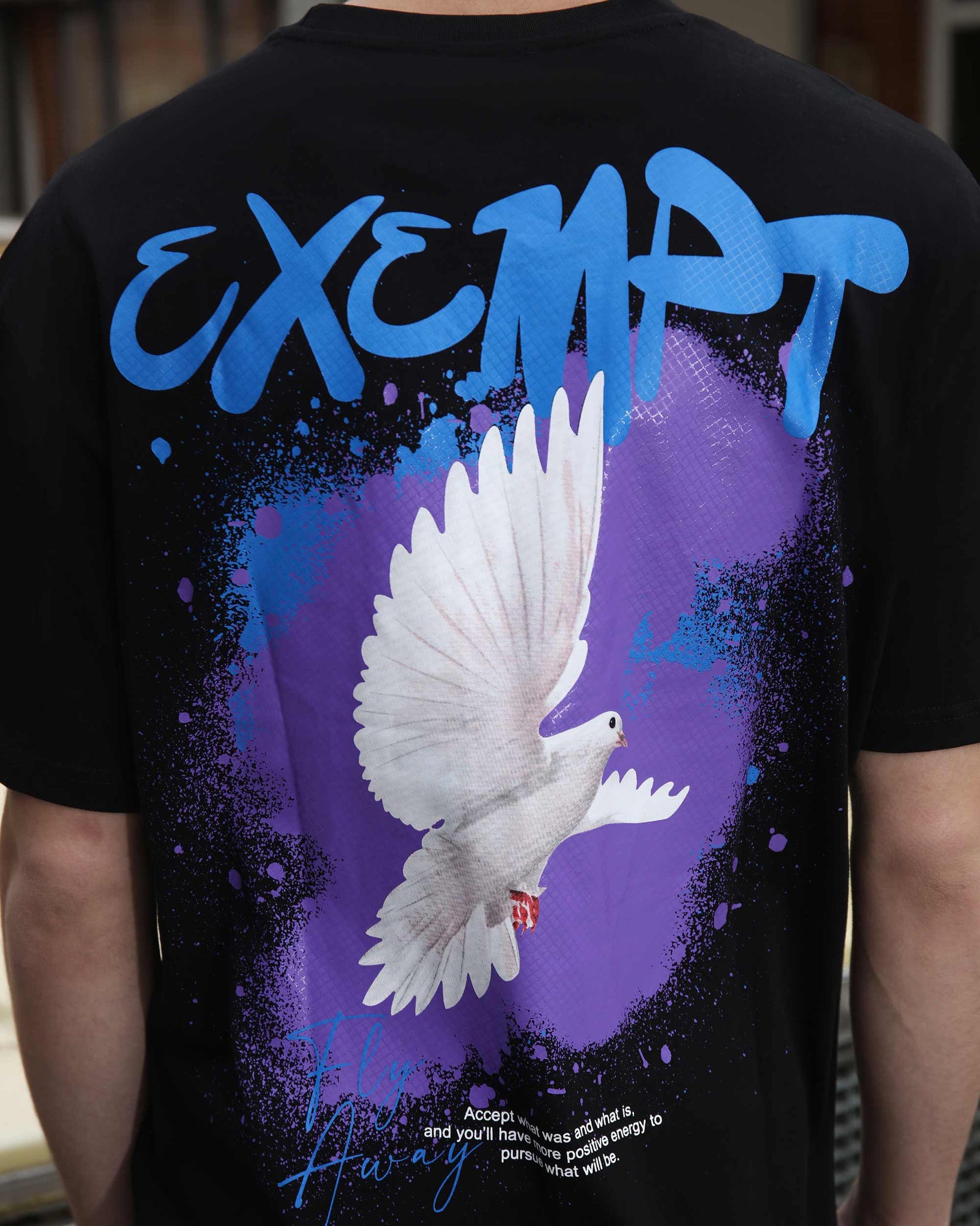 Blue Text, Purple & Blue Splatter, and White Dove Graphic Tees