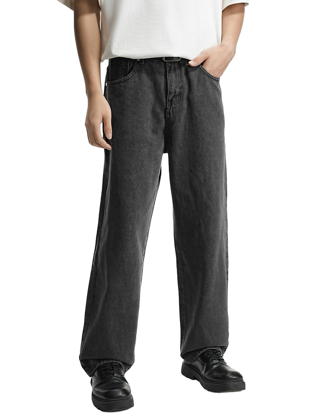 Vaqueros rectos negros lavados LOGEQI para hombre: pantalones vaqueros casuales de corte relajado