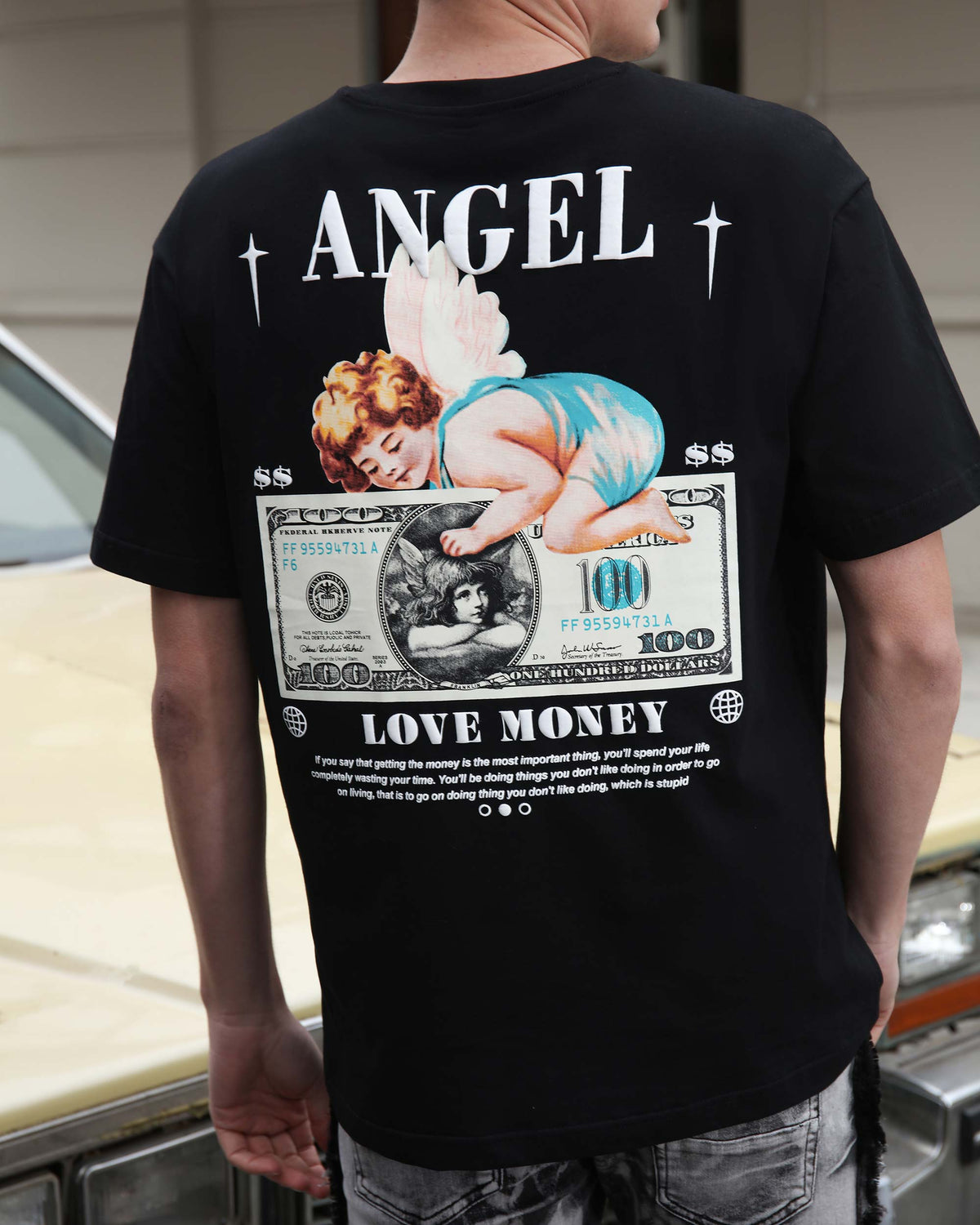 Camiseta con ÁNGEL, gráfico de querubín en billete de 100 dólares y motivo "LOVE MONEY"
