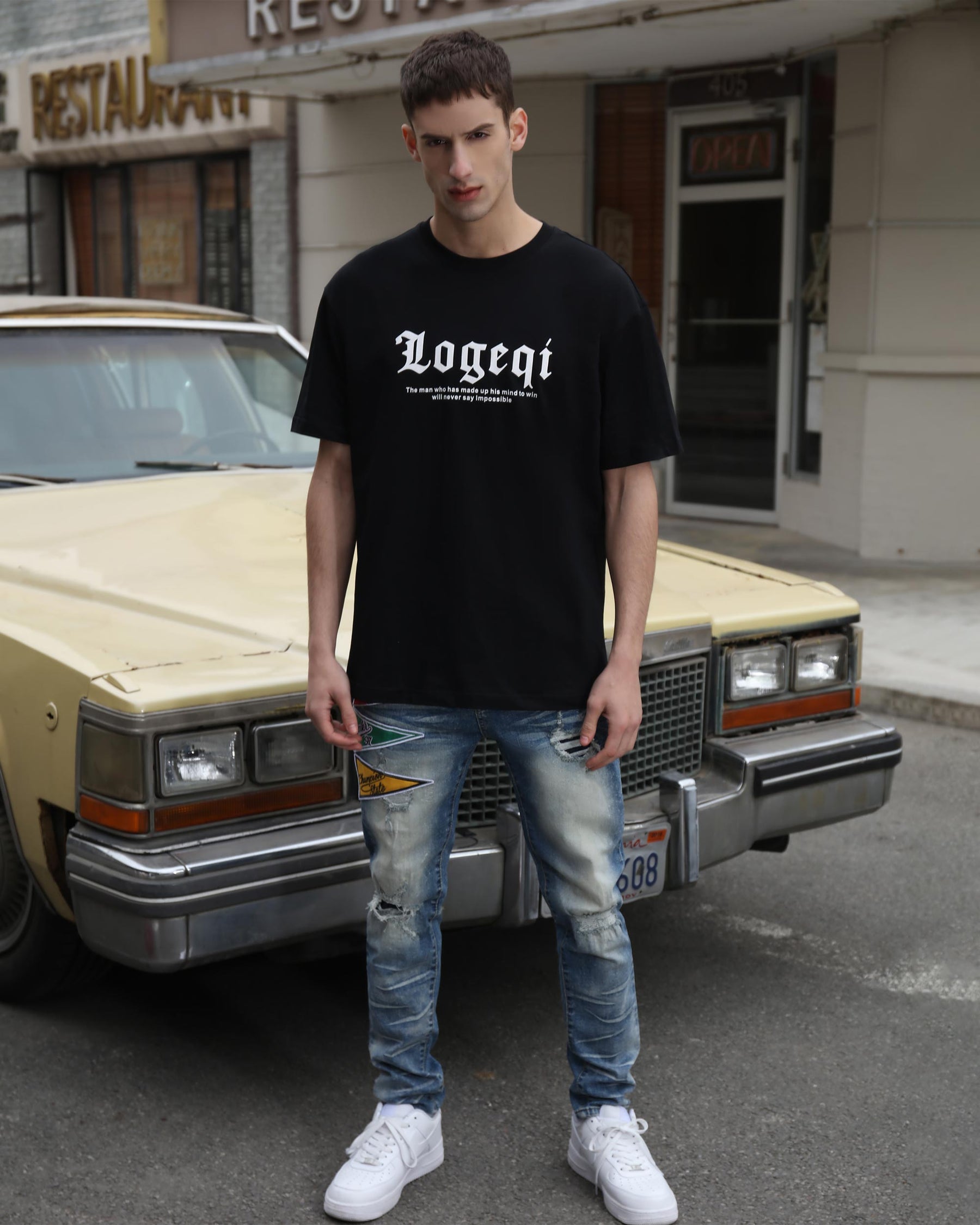 Graphic Tee With Black & White Tiger Head,  "LOGEQI" Lettering, and Quote