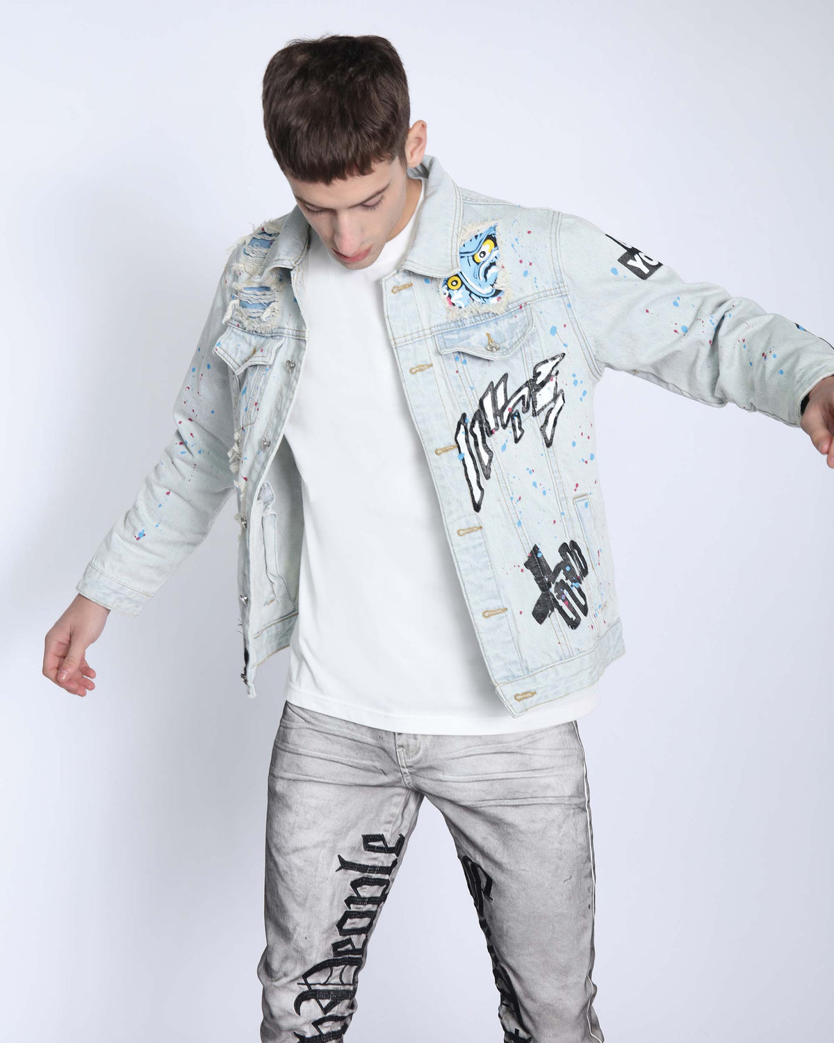 Distressed Graffiti Blue Denim Jacket with Rip & Repair