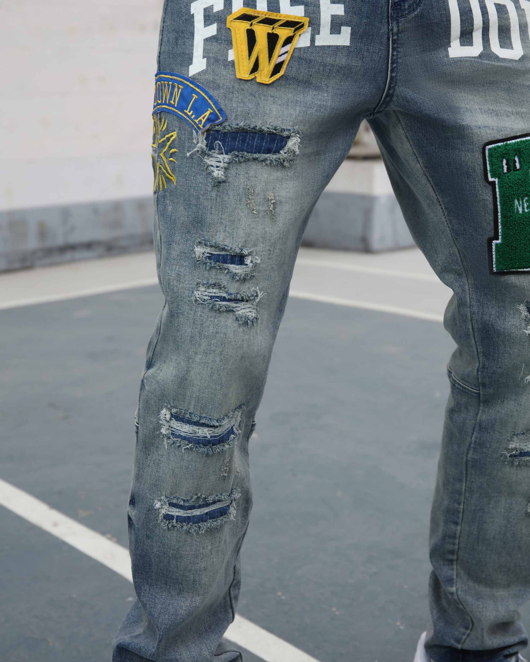 Ripped Blue Washed Edgy Jeans with Patchwork-Mexico Local Delivery