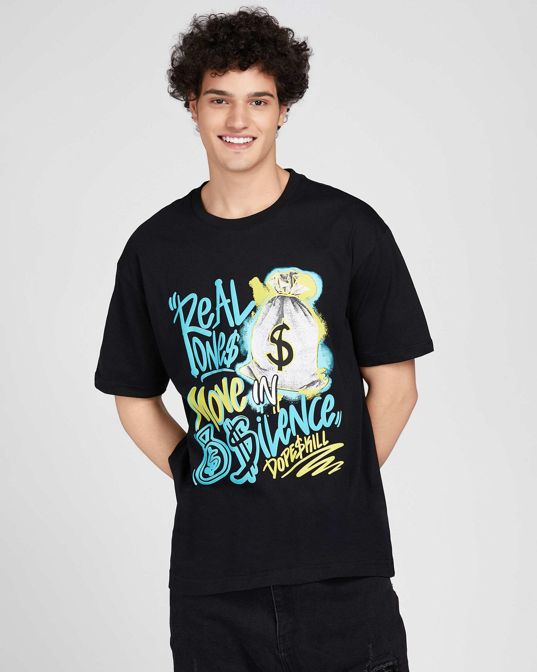 Camiseta gráfica con estampado de bolsa de dinero y grafiti, 100 % algodón