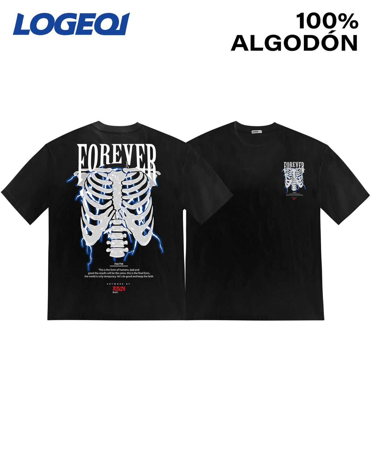 LOGEQI Black Men's FOREVER Skeleton Ribcage Graphic Tee Front and Rear View