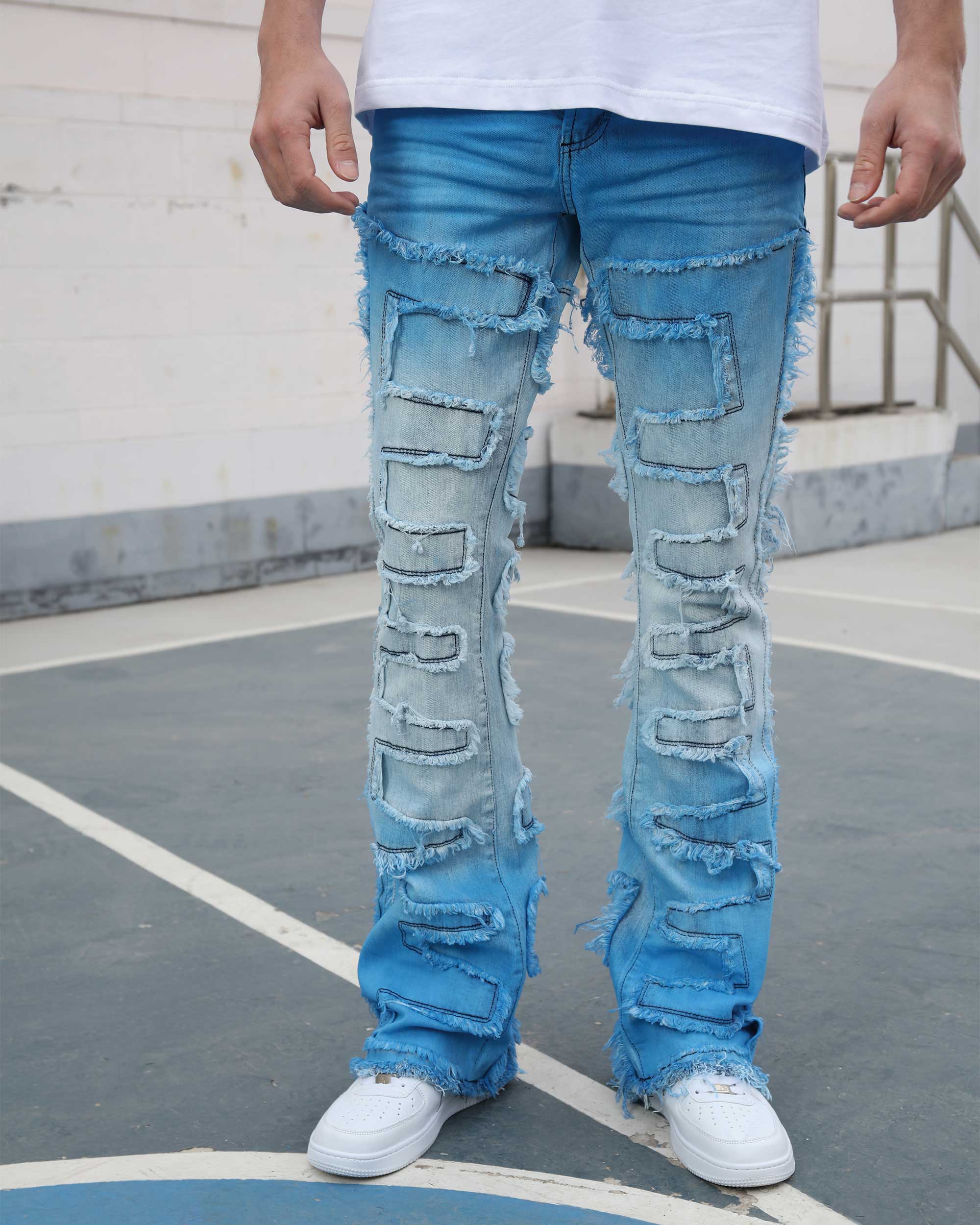 Men's Blue Ombre Stacked Patch Flare Jeans with Fringe Edges | LOGEQI