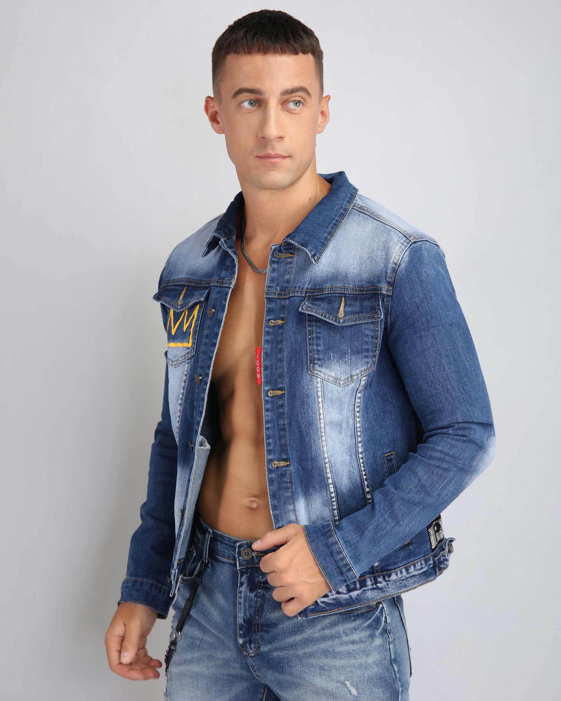 Irregular Wash Blue Denim Jacket with Crown Embroidery