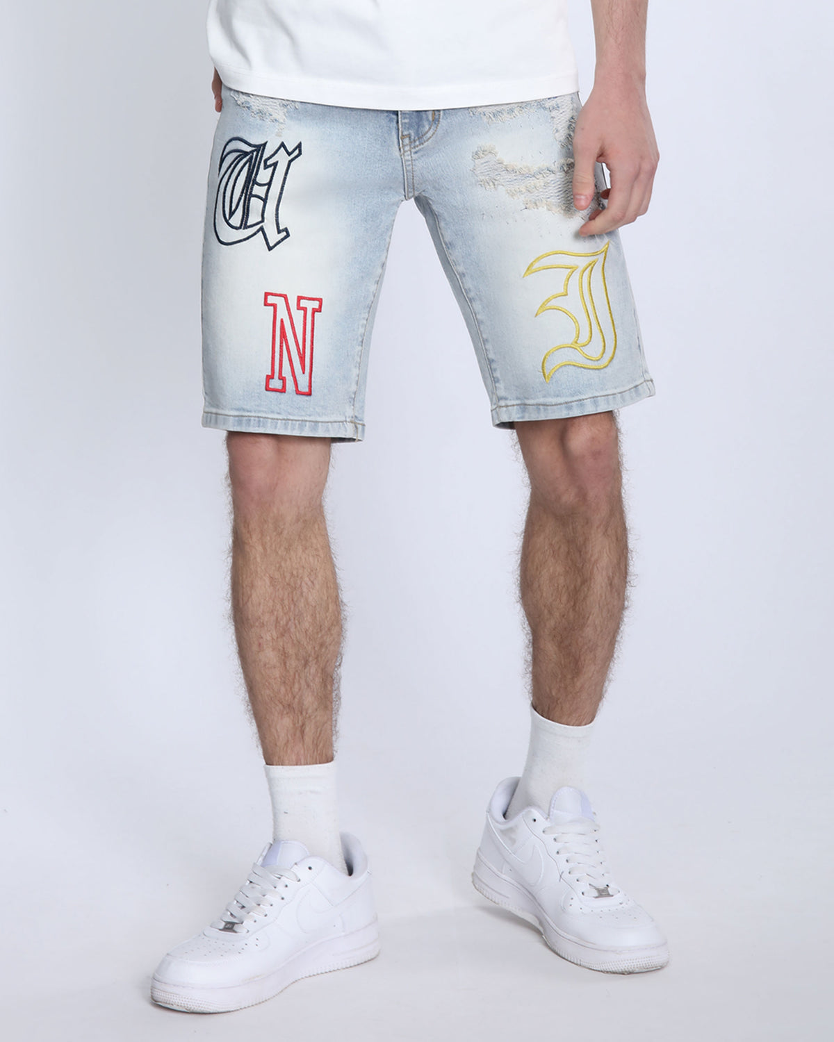 Light Wash Blue Denim Shorts with Letter Print