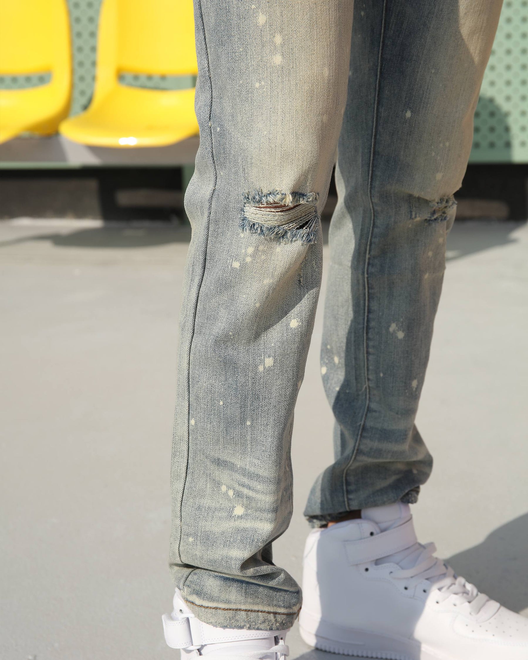 Distressed Blue Ripped Jeans with spray-painted-Mexico Local Delivery
