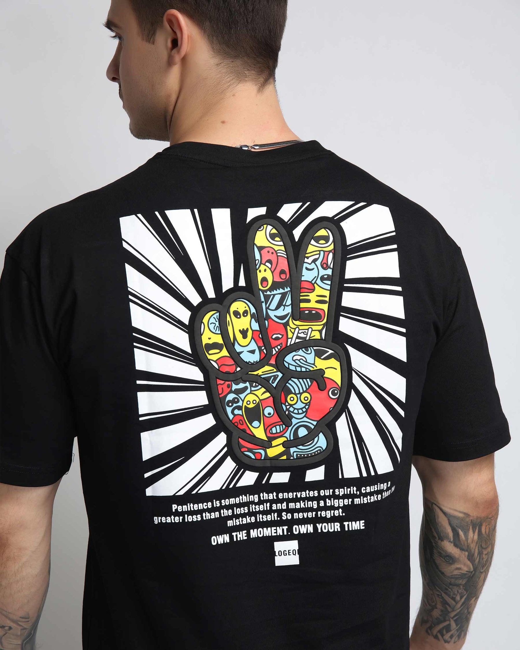 100% Cotton T-Shirt with Hand Sign Graphic and Radiating Background