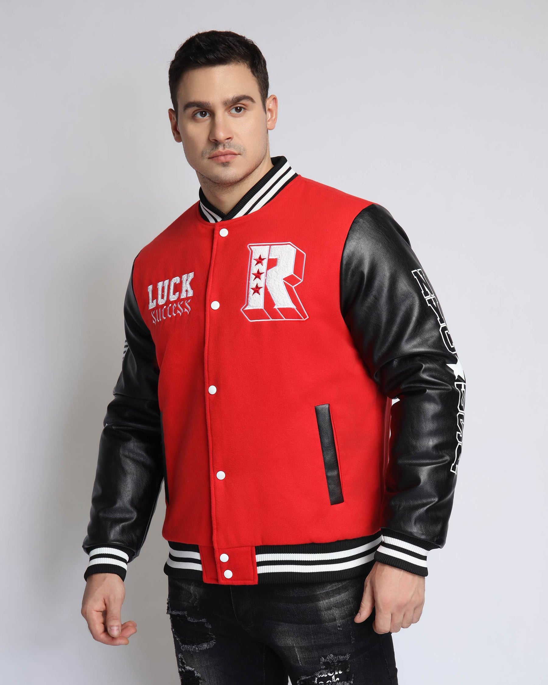 Chaqueta de béisbol con mangas de piel sintética-Entrega local en México
