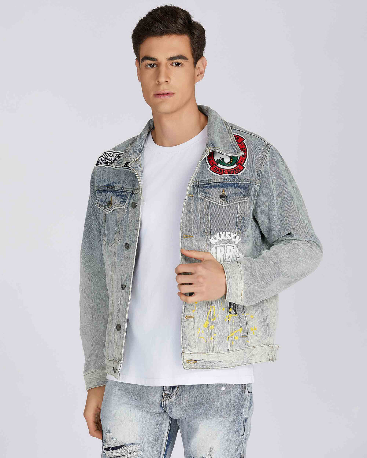 Distressed Blue Denim Jacket with Art Painted