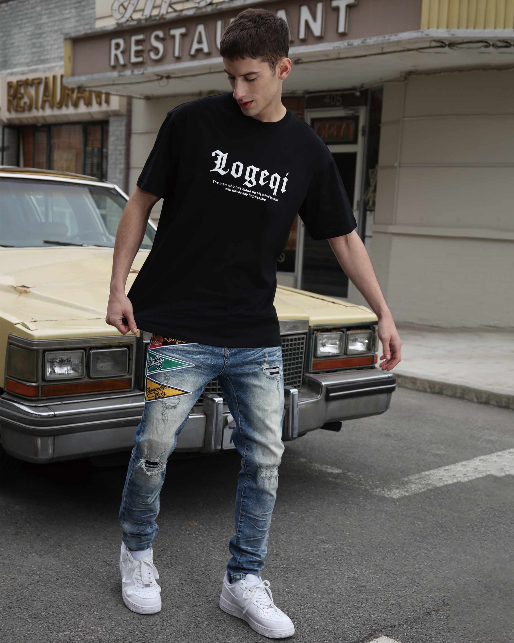 Graphic Tee With Black & White Tiger Head,  "LOGEQI" Lettering, and Quote