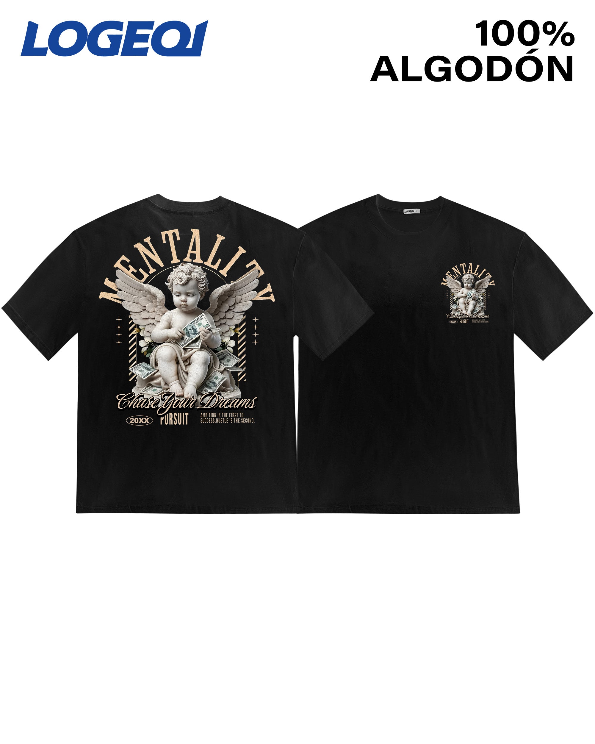 LOGEQI Men's Streetwear Oversized Angel Graphic Tees 100% Cotton