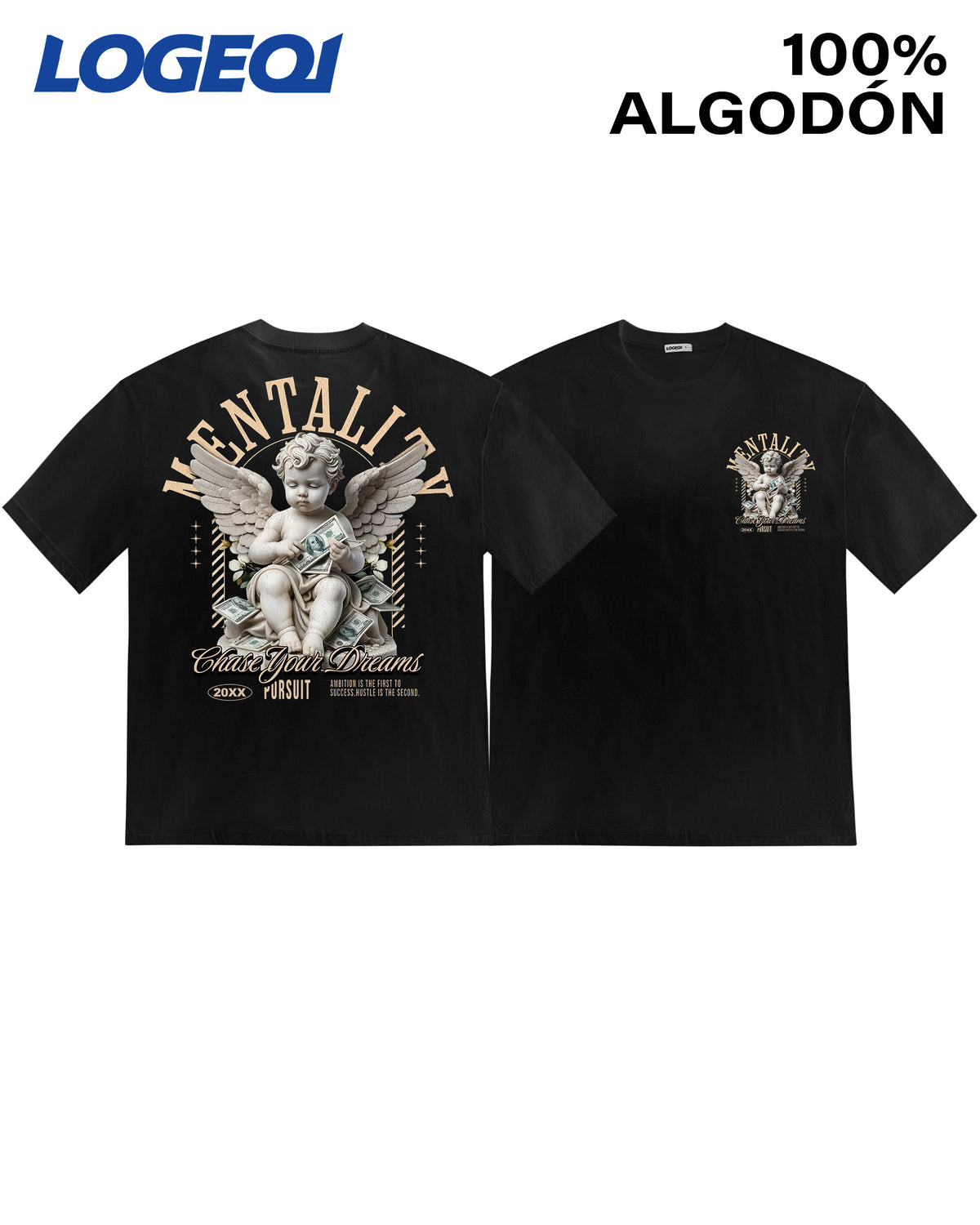 LOGEQI Men’s Black Oversized Streetwear MENTALITY Angel Graphic Tee, Front and Back View