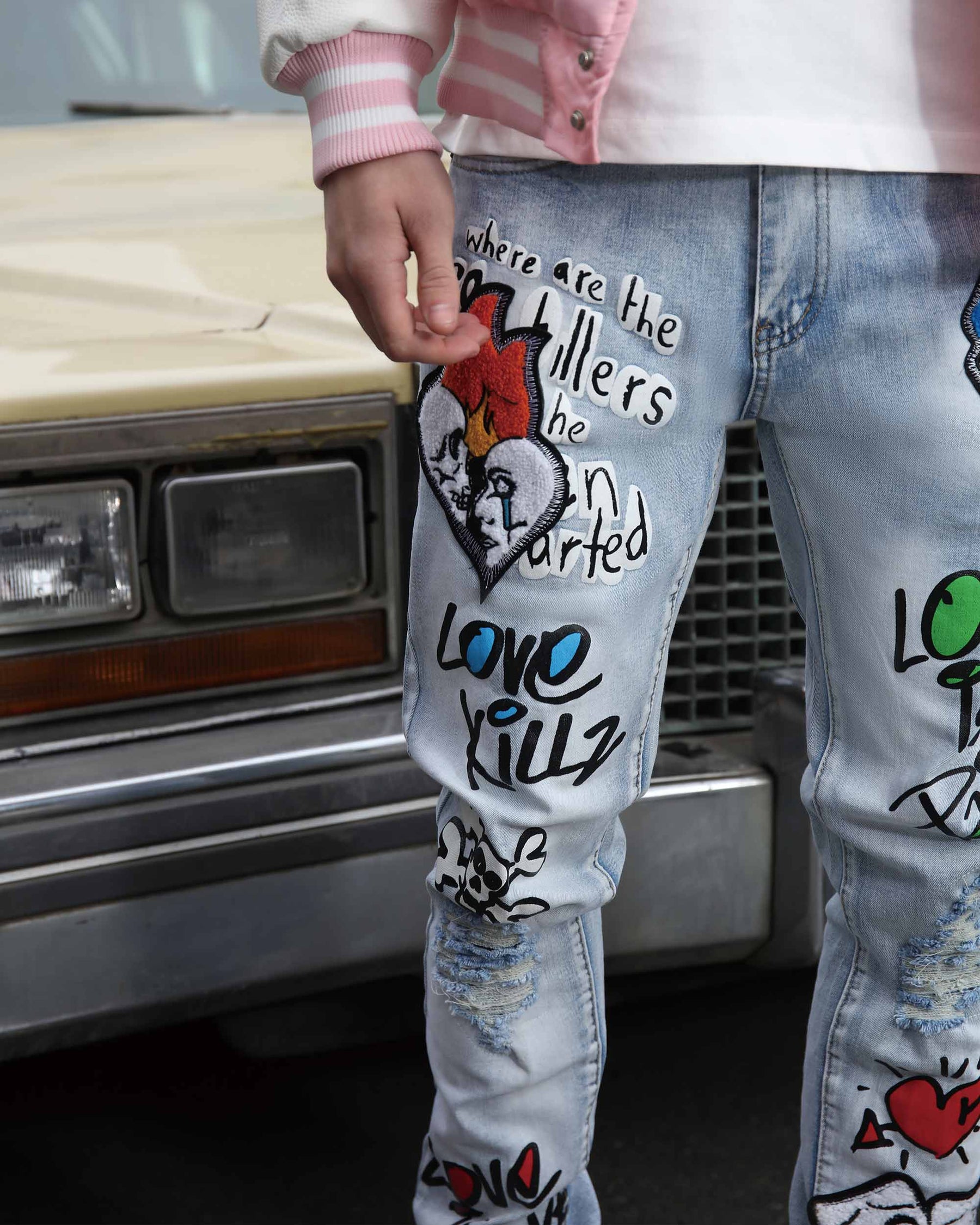 Medium Wash Slim Fit Blue Graffiti Painted Ripped Jeans
