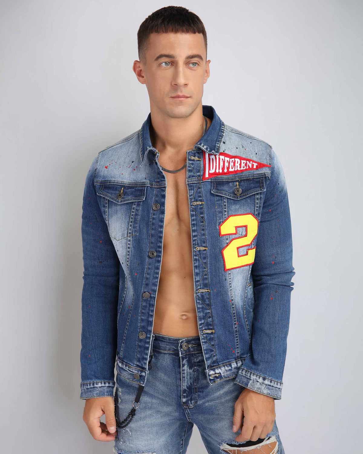 Spray Paint Blue Denim Jacket with ‘2’ Patch