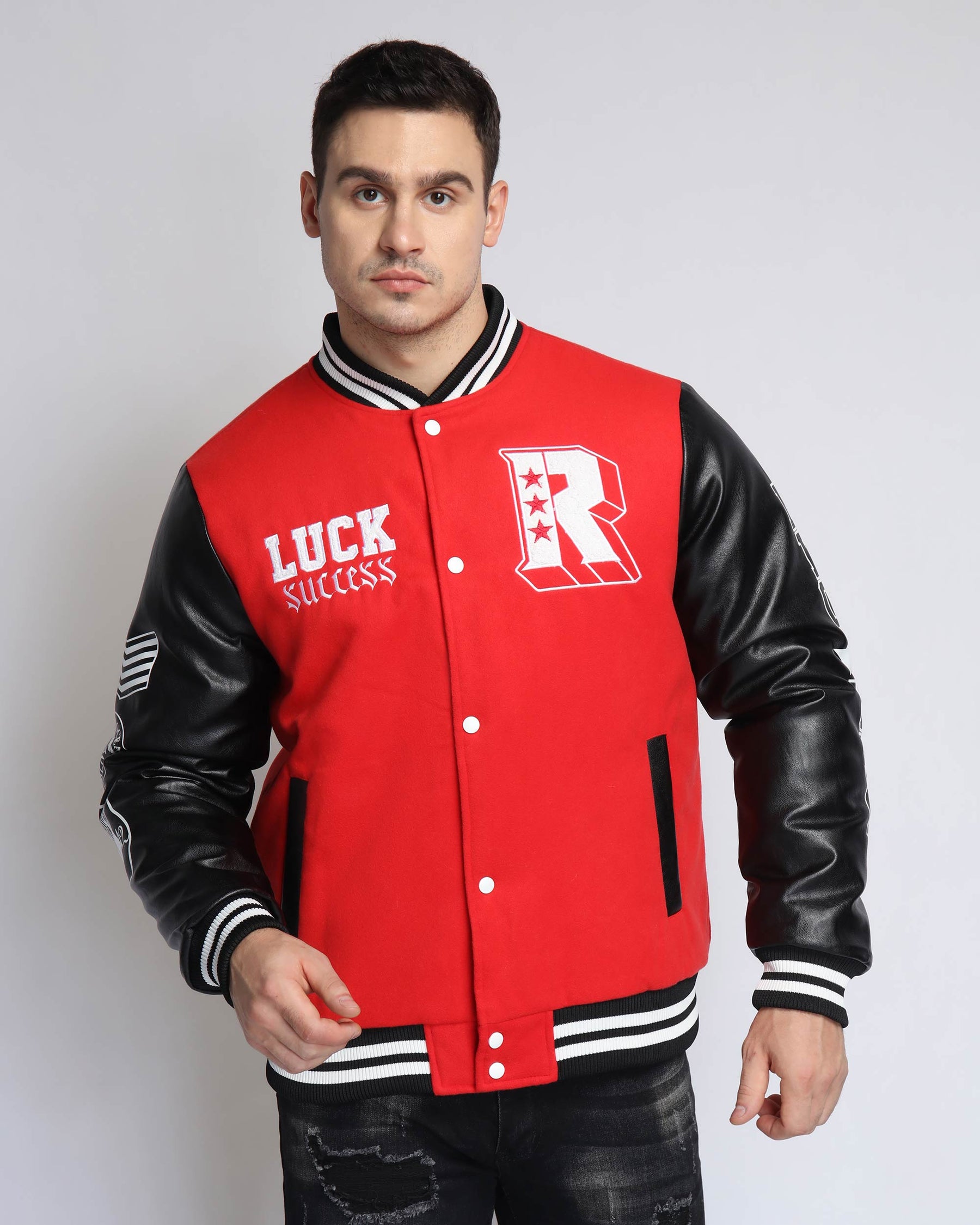 Chaqueta de béisbol con mangas de piel sintética-Entrega local en México