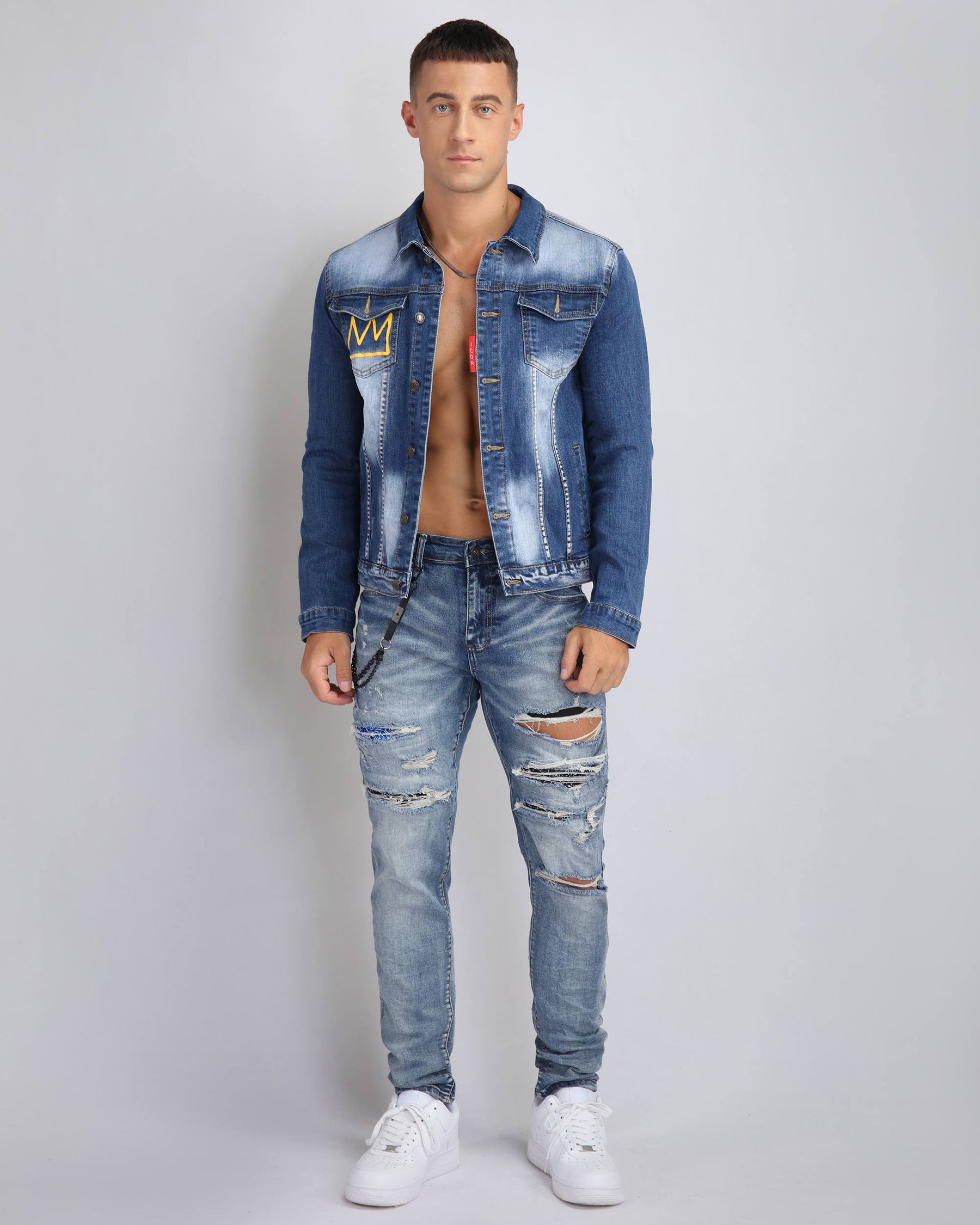 Irregular Wash Blue Denim Jacket with Crown Embroidery