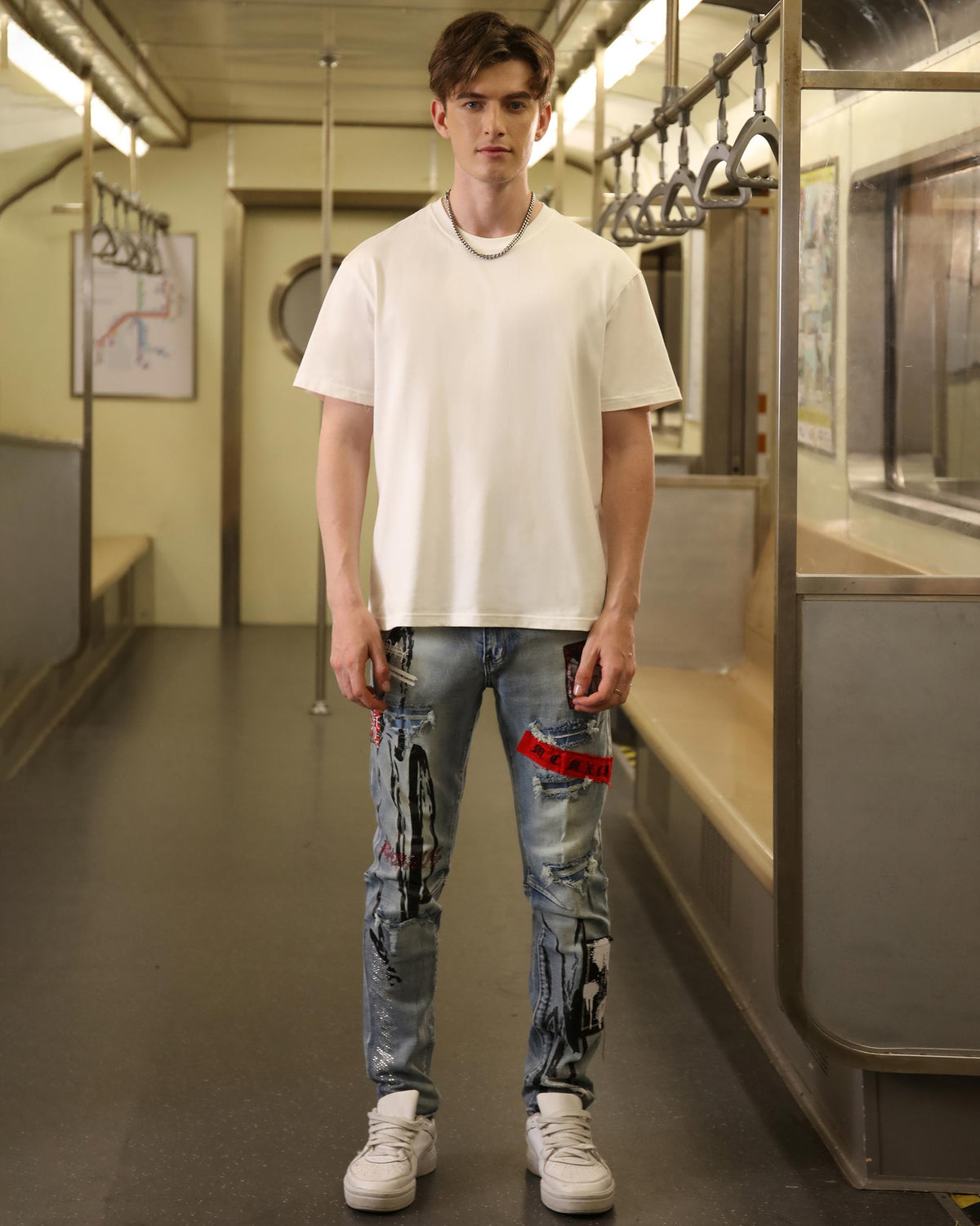 Logeqi Medium Wash Blue Ripped Jeans with Gothic Flair