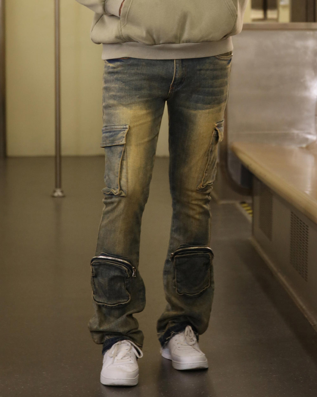 Jeans cargo vintage de pierna recta desgastados con lavado oscuro - Entrega local en México
