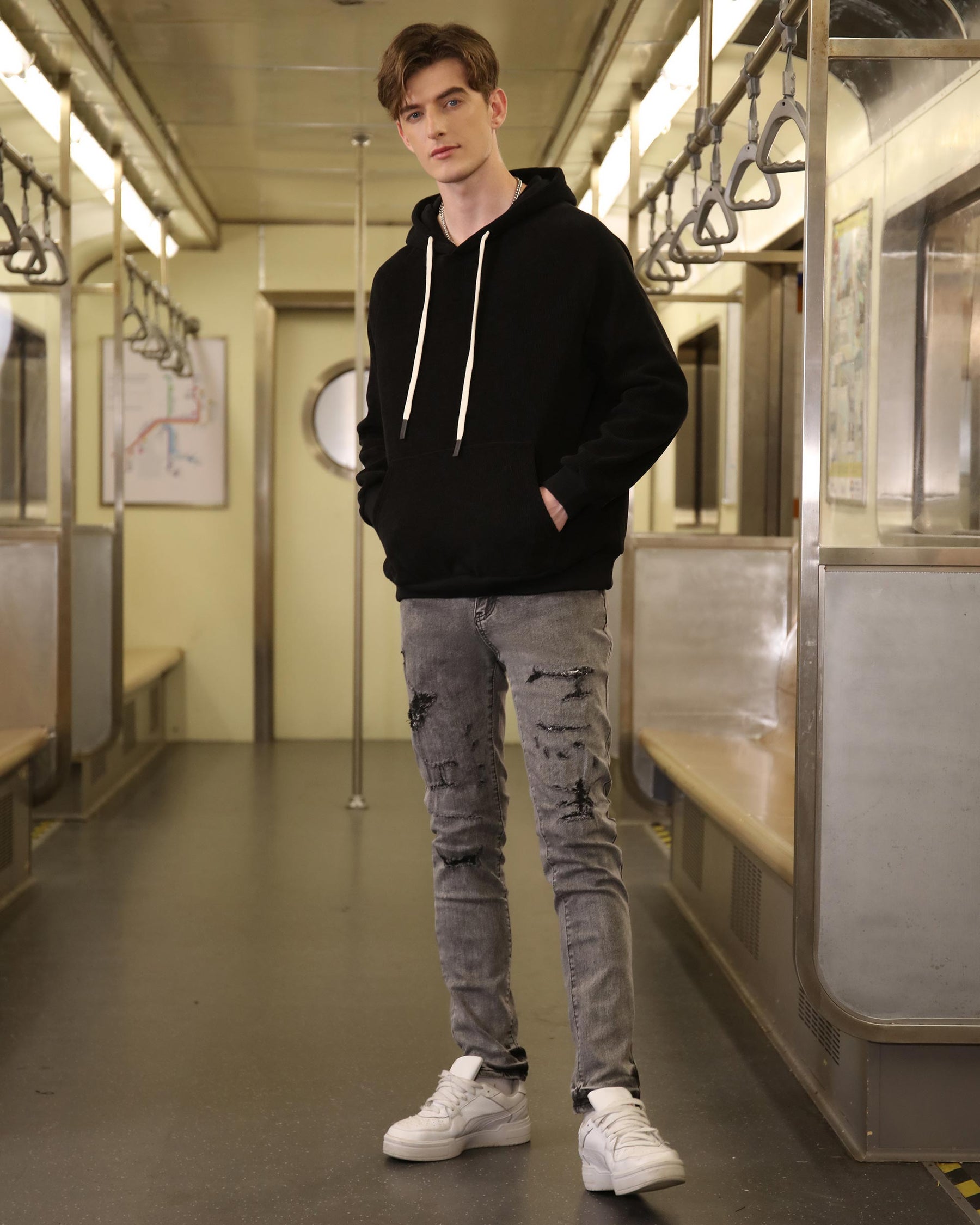 LOGEQI Gray Ripped Jeans with Graffiti-Inspired Style