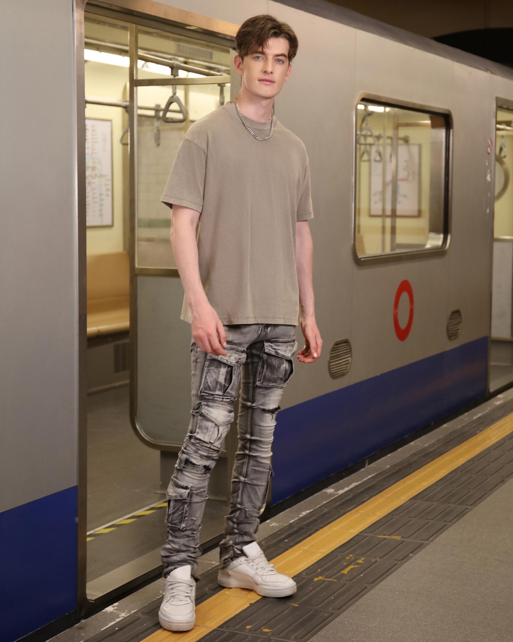 Logeqi Distressed Gothic Cargo Grey Jeans with Multiple Pockets
