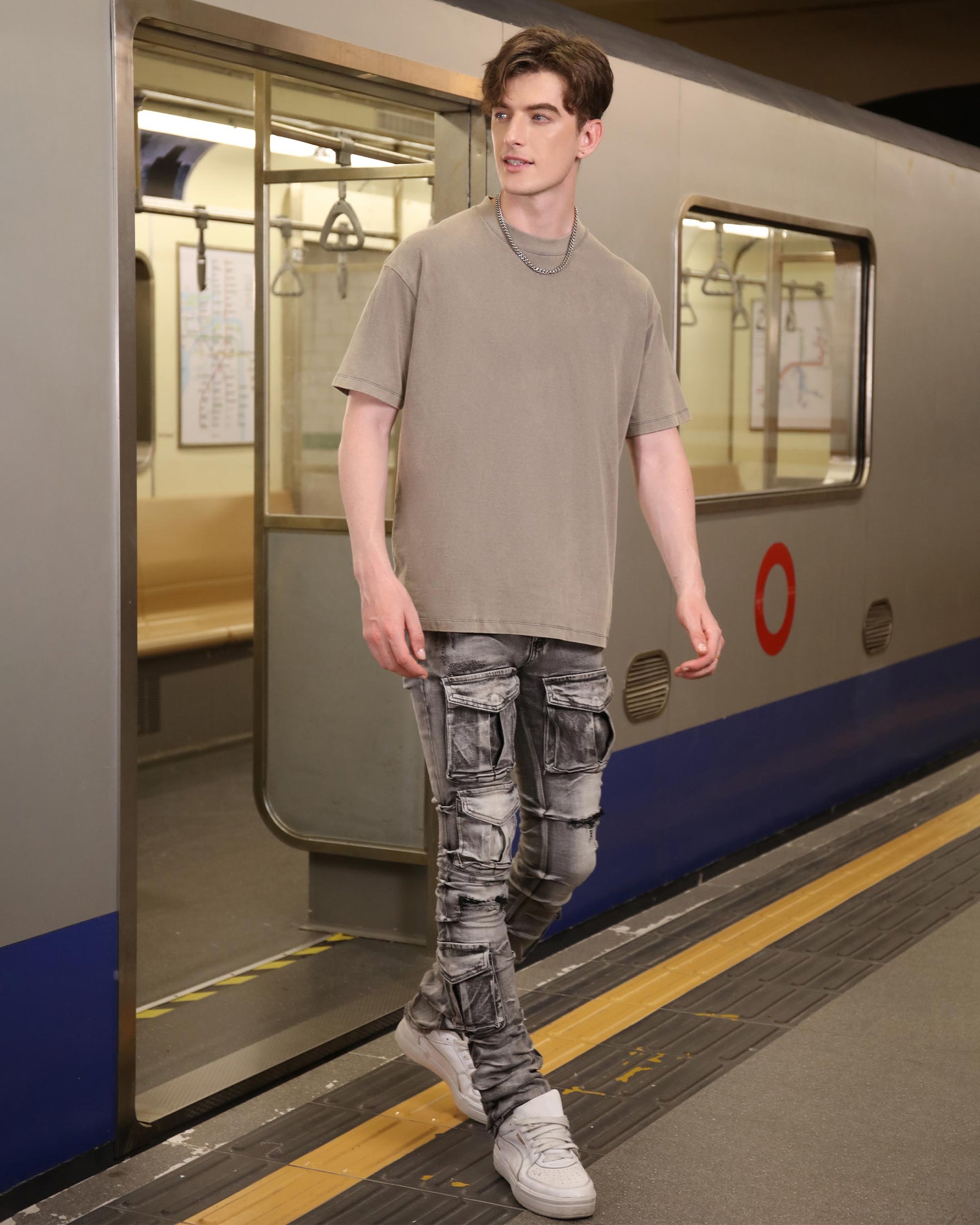 Logeqi Distressed Gothic Cargo Grey Jeans with Multiple Pockets
