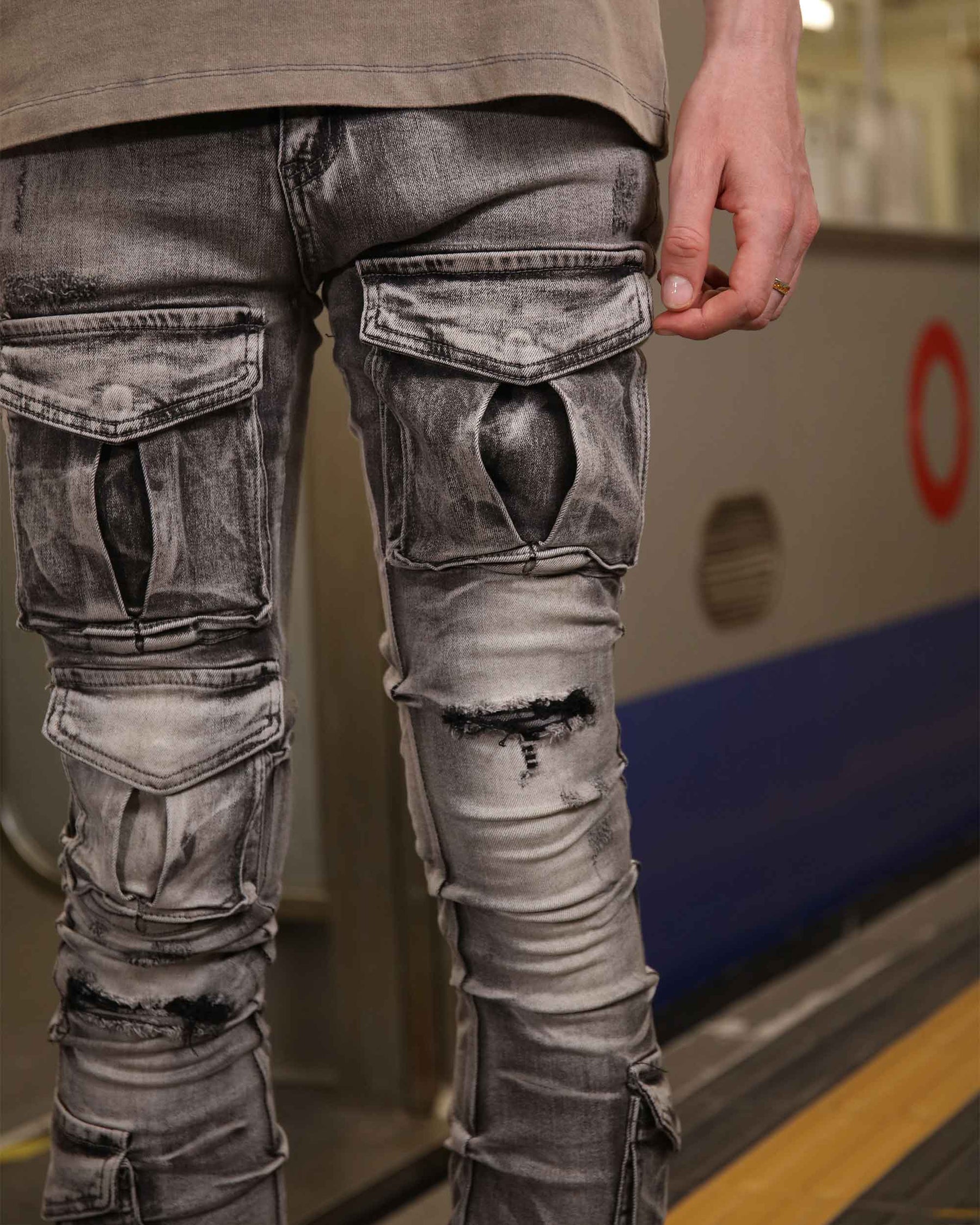 Logeqi Distressed Gothic Cargo Grey Jeans with Multiple Pockets
