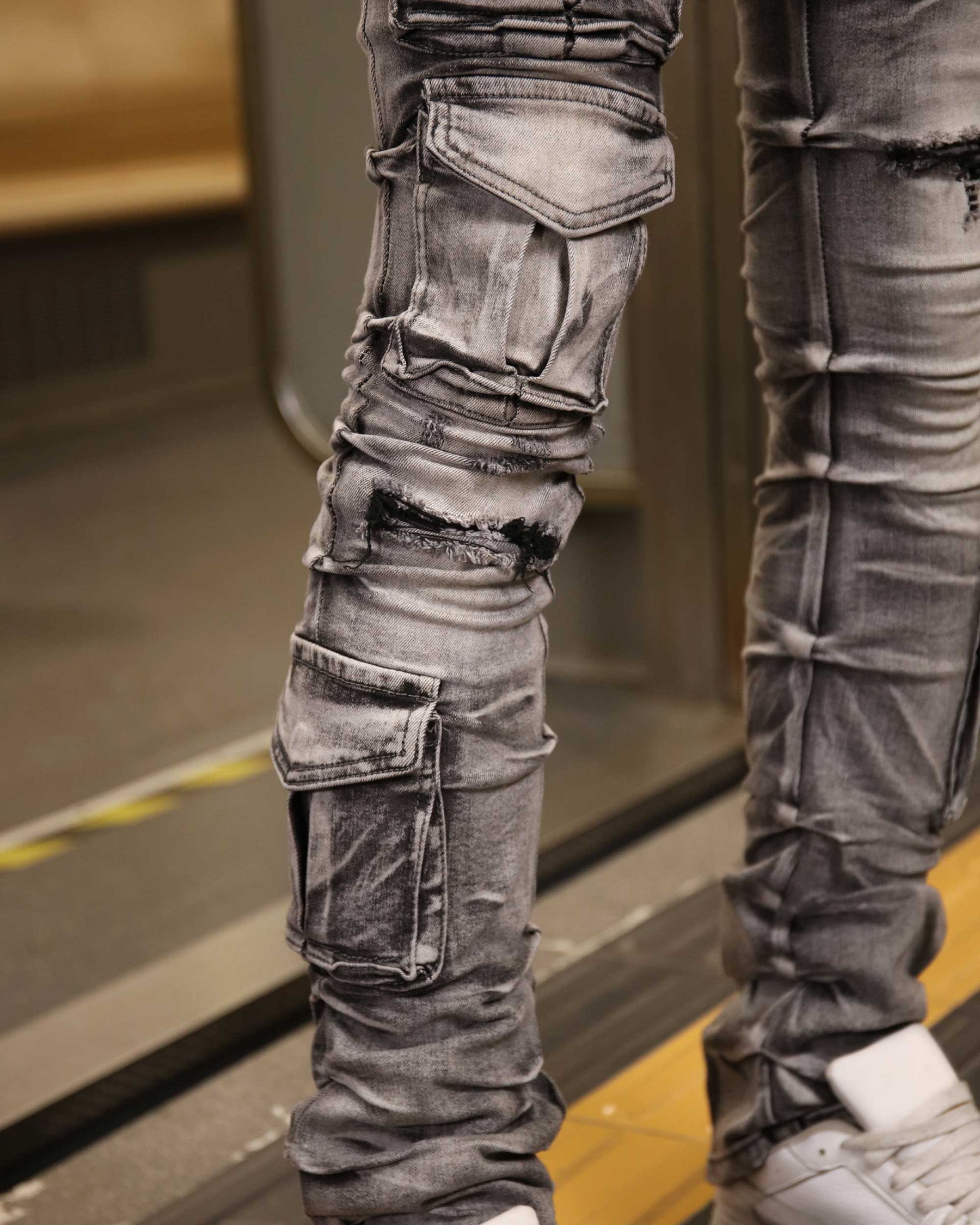 Logeqi Distressed Gothic Cargo Grey Jeans with Multiple Pockets