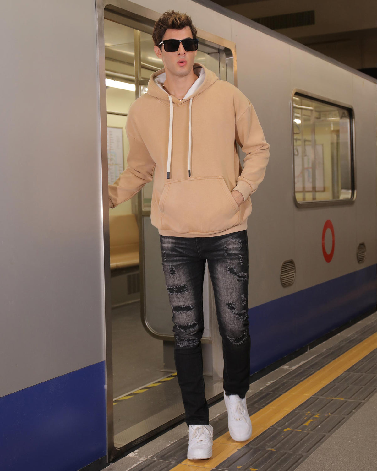 Pocket Hoodie with Drawstring Cords-Khaki