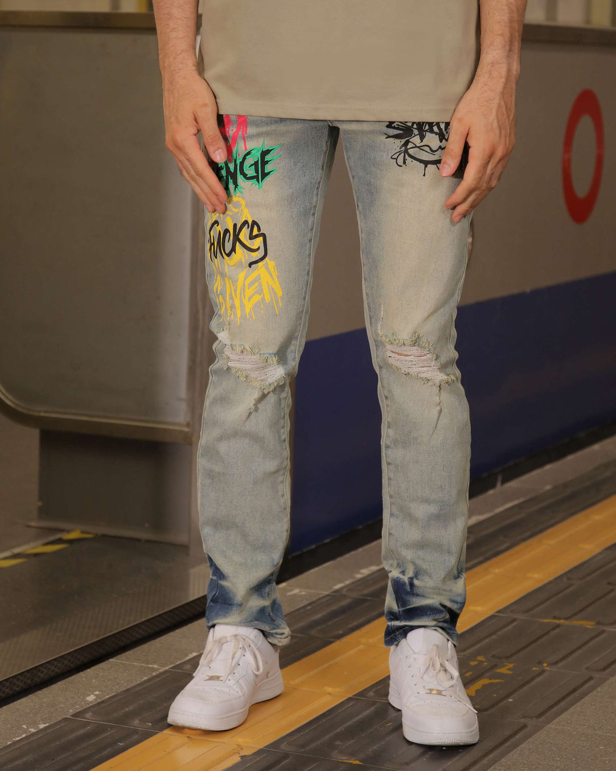 LOGEQI Distressed Blue Jeans with Graffiti - Streetwear Style