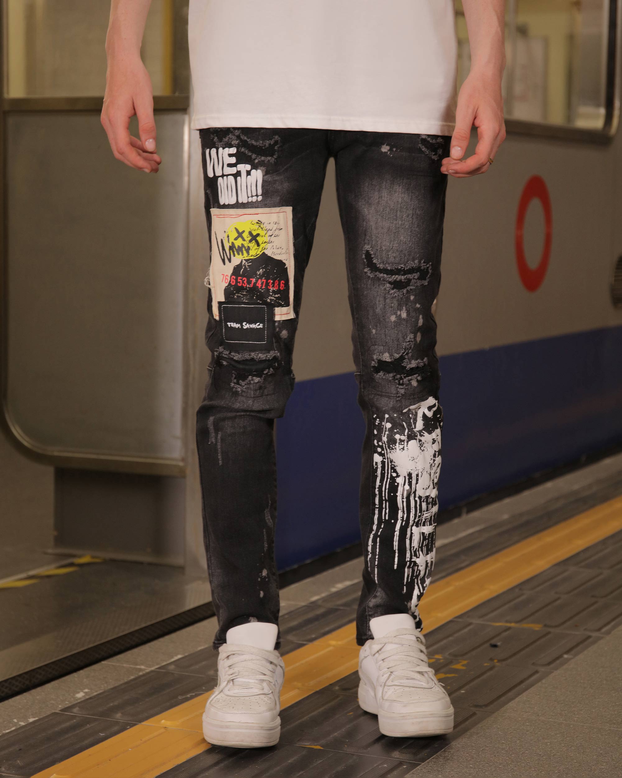 Black Ripped Jeans with White Splatters Fabric Patches LOGEQI