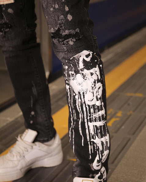 LOGEQI Hip Hop Black Ripped Jeans with Graffiti Art
