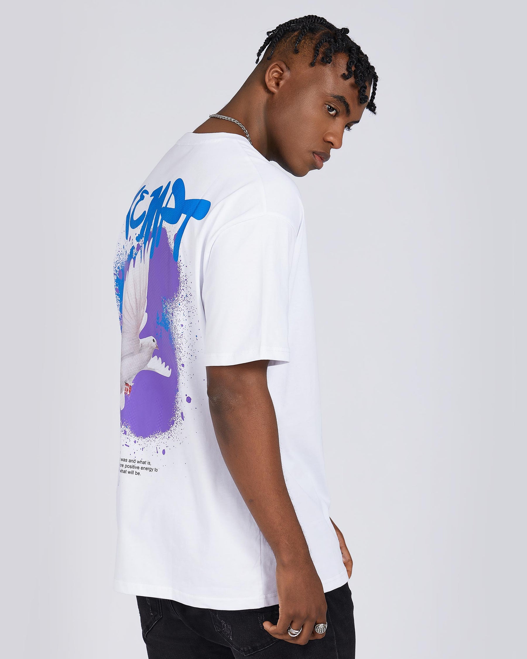 Blue Text, Purple & Blue Splatter, and White Dove Graphic Tees
