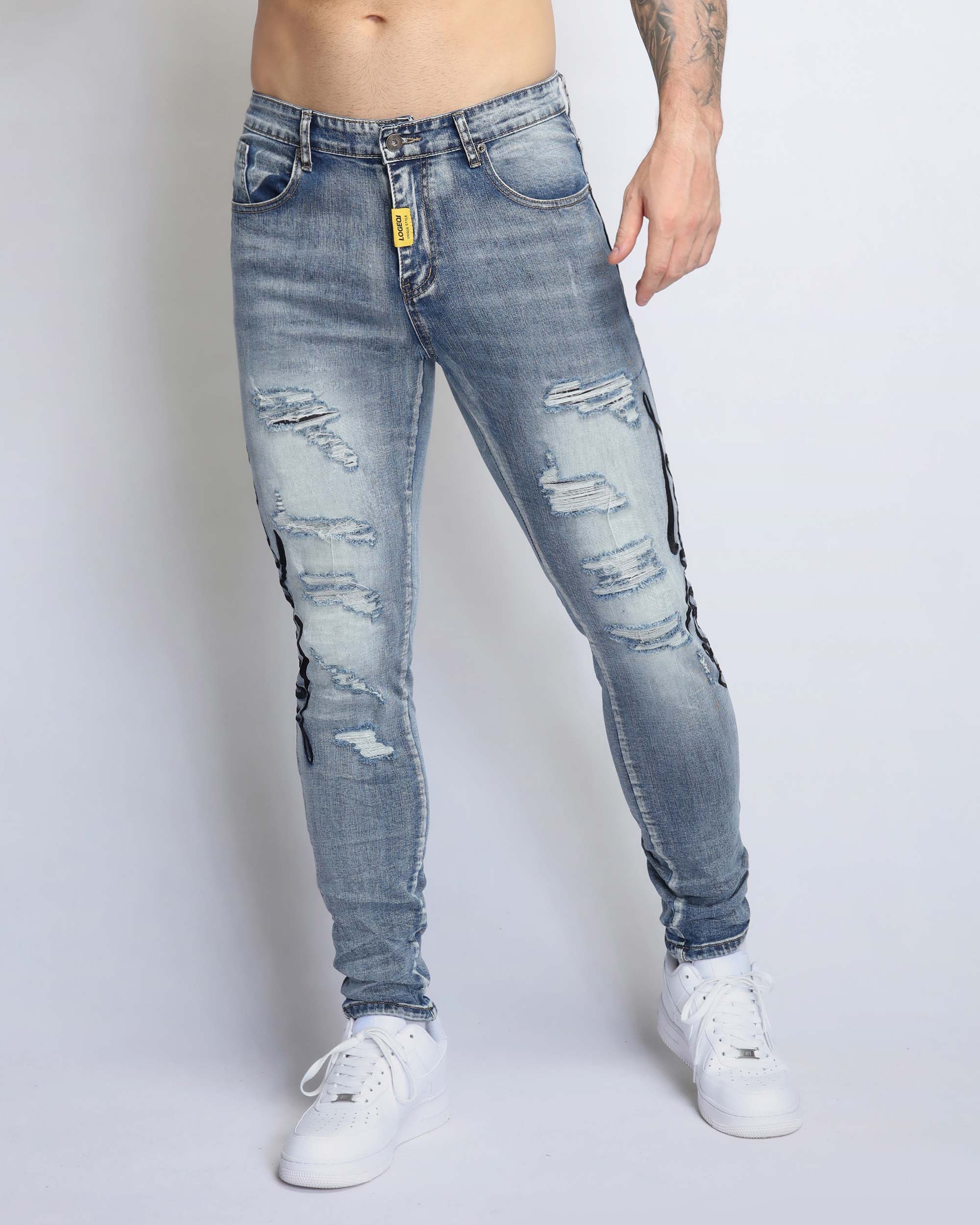 Men's American Blue Badge Embroidered Ripped Straight Leg Jeans Pants main image 1